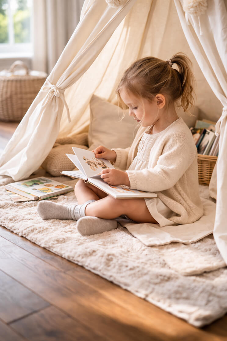 Child reading in teepee